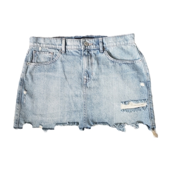 Express Straight Mini Mid Rise Distressed Denim Skirt Size 6 - Picture 1 of 4